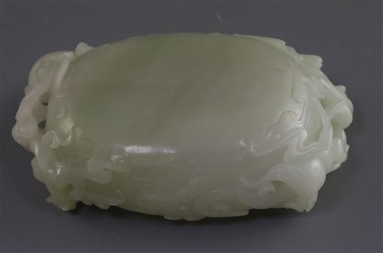 A Chinese pale celadon jade brush washer, L. 15.8cm